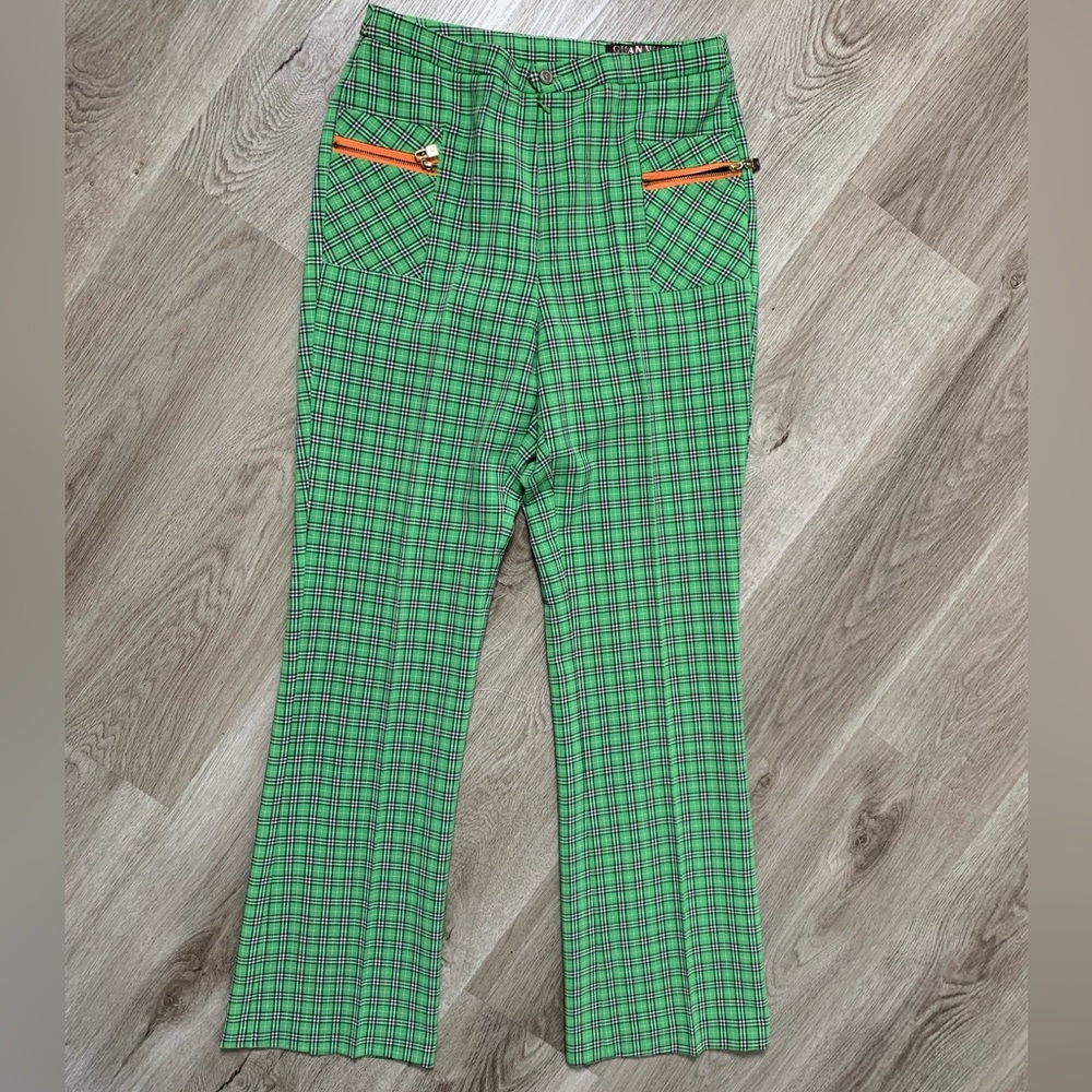 Bright Green Plaid Flare Pants with Orange Accents